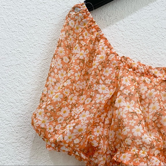 MOA MOA Peach Floral Chiffon Sheer Puff Sleeve Square Neck Crop Blouse Top XL - Picture 5 of 8